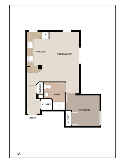 Floor plan for 1 bed, 1 bath, 591 sqft